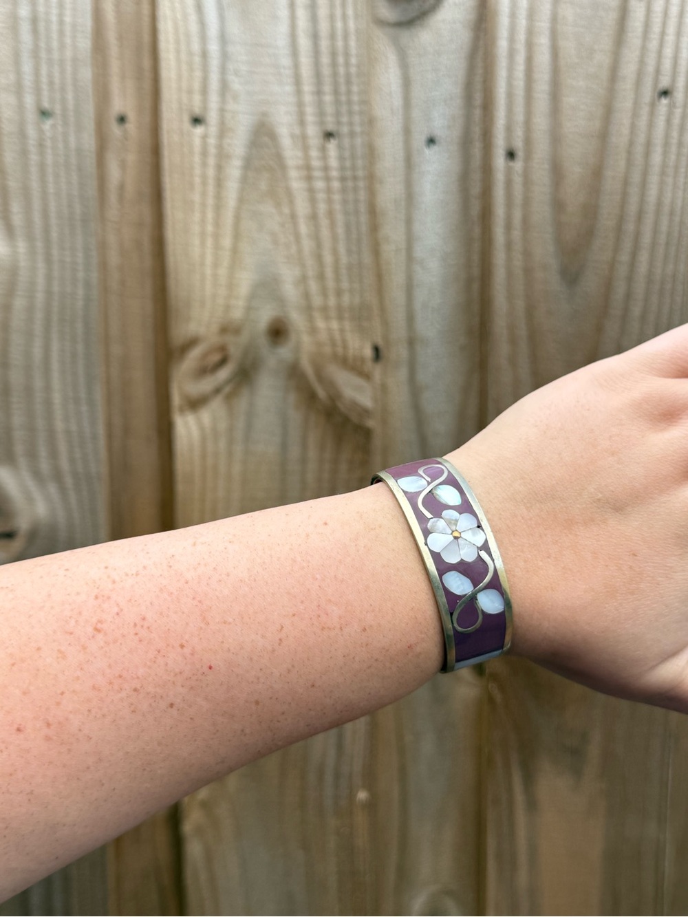 Floral Enamel Bangle Bracelet in Plum and Ivory